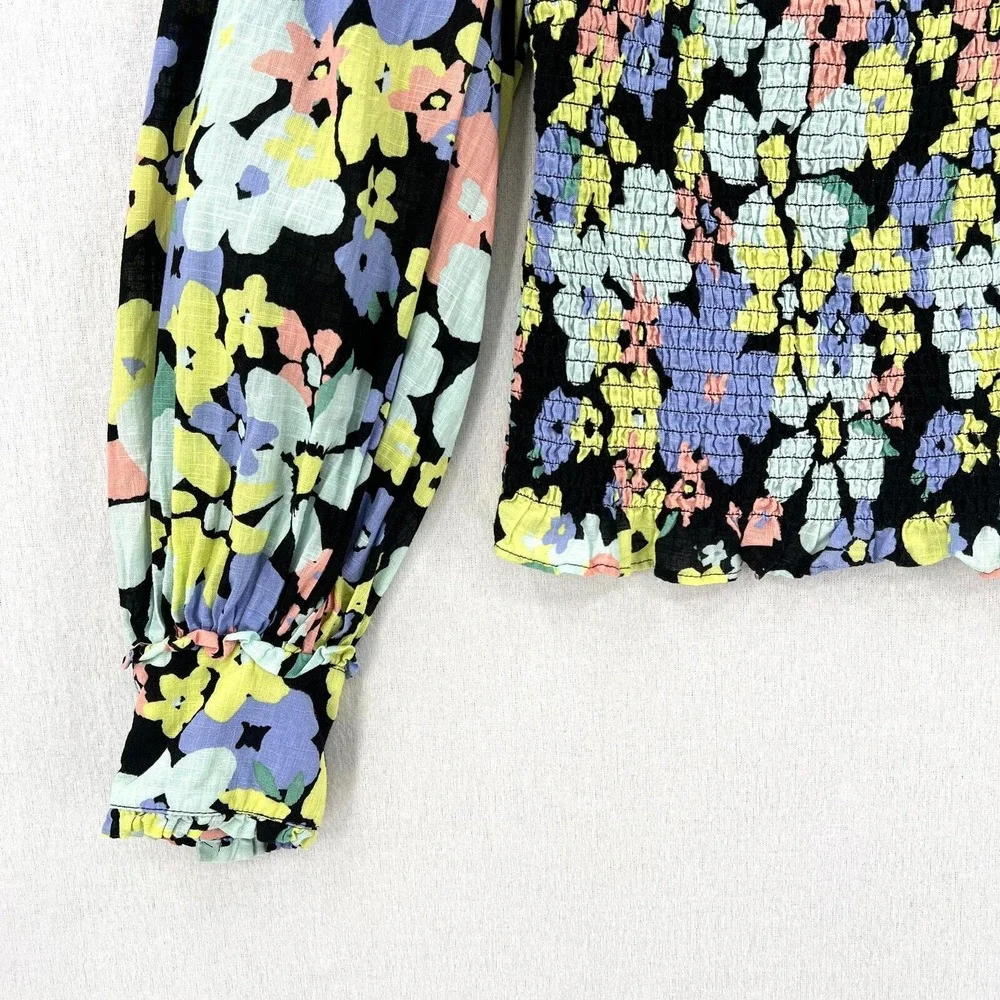Free People Top Women Extra Small Black Floral Smocked Puff Sleeve Square Neck